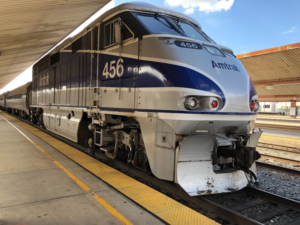 An Amtrak train in the station.